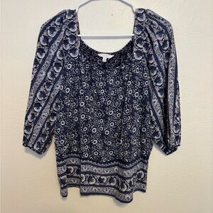 Lucky Brand Navy Blue Boho Peasant Top Floral Border Print Medium
